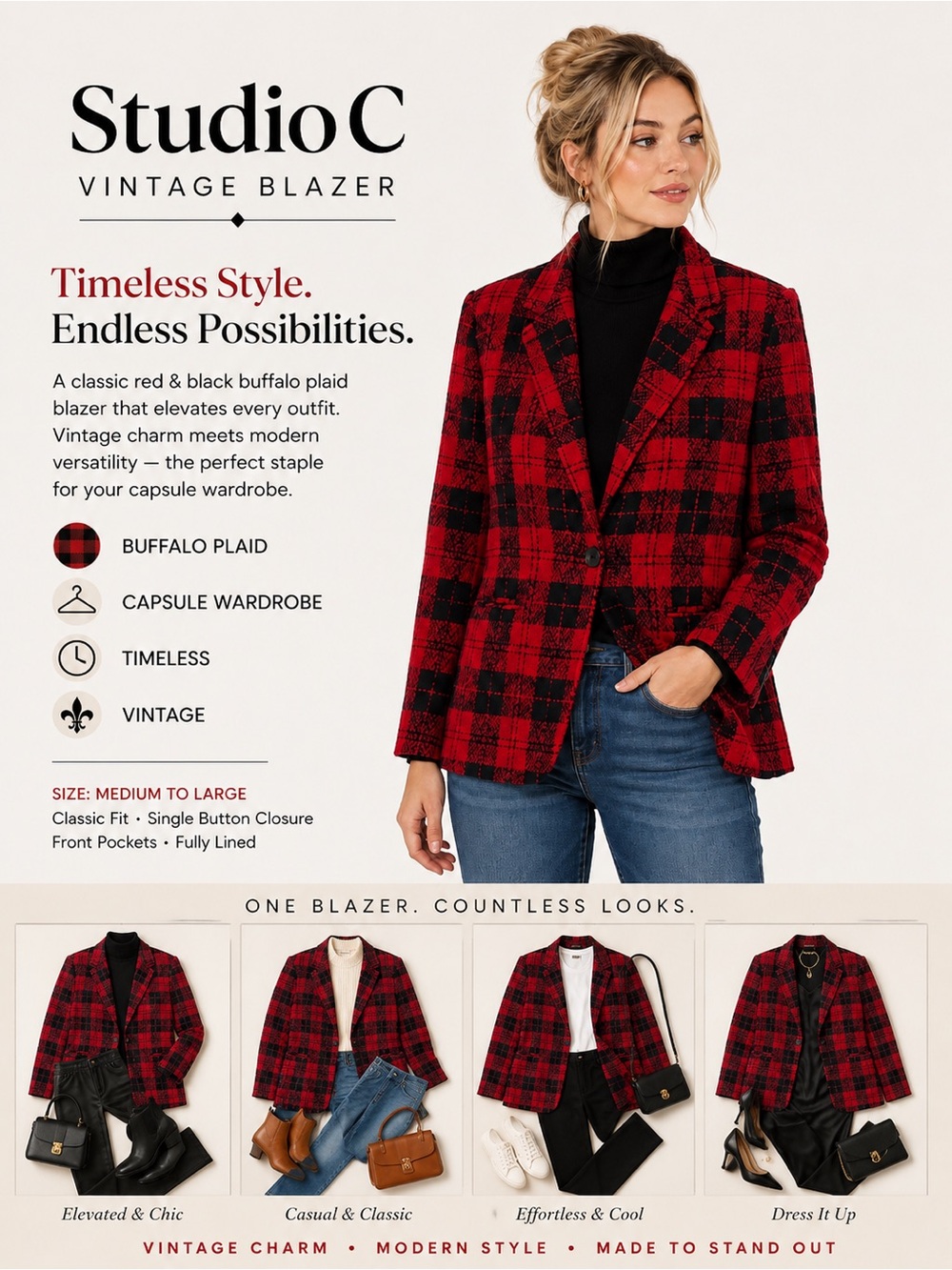 Studio C Vintage jacket blazer business casual black and red plaid size Med to L